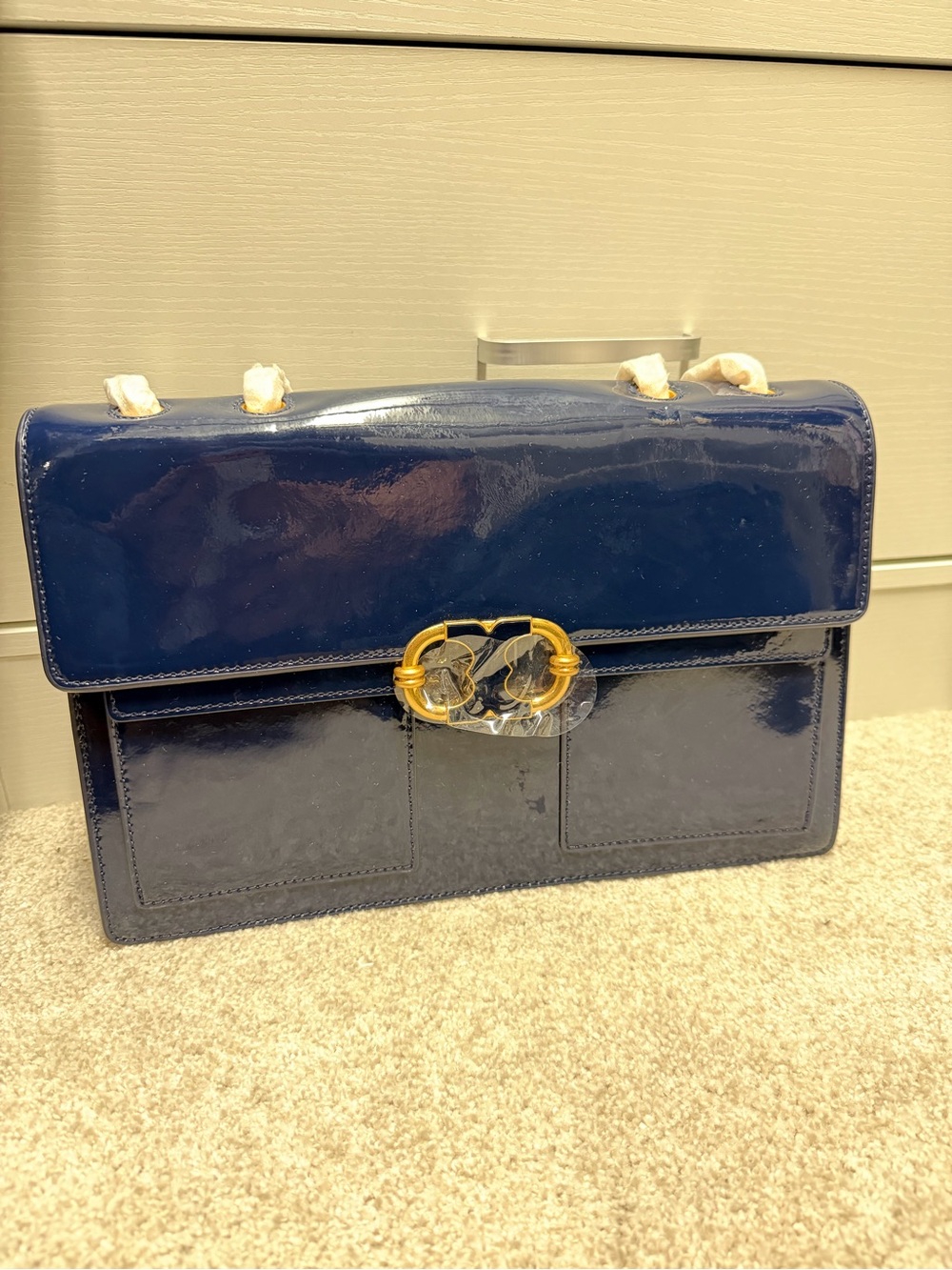 Tory Burch Patent Leather Shoulder Bag in Deep Navy with Gold Hardware